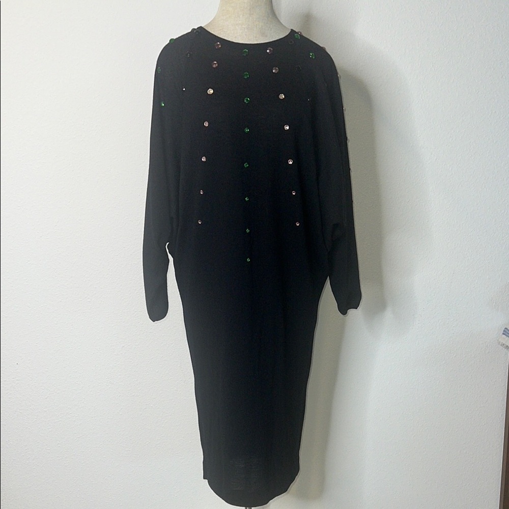Enrico Coveri Vintage Merino Wool Jewel Embellished Bat Wing Dress